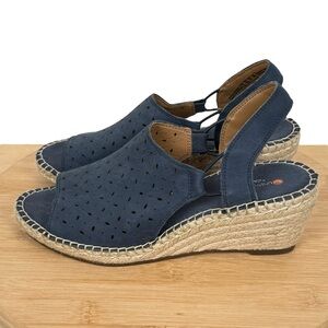 Clarks Unstructured Navy Blue Suede Espadrille Wedge Sandals – Size 7.5 Medium